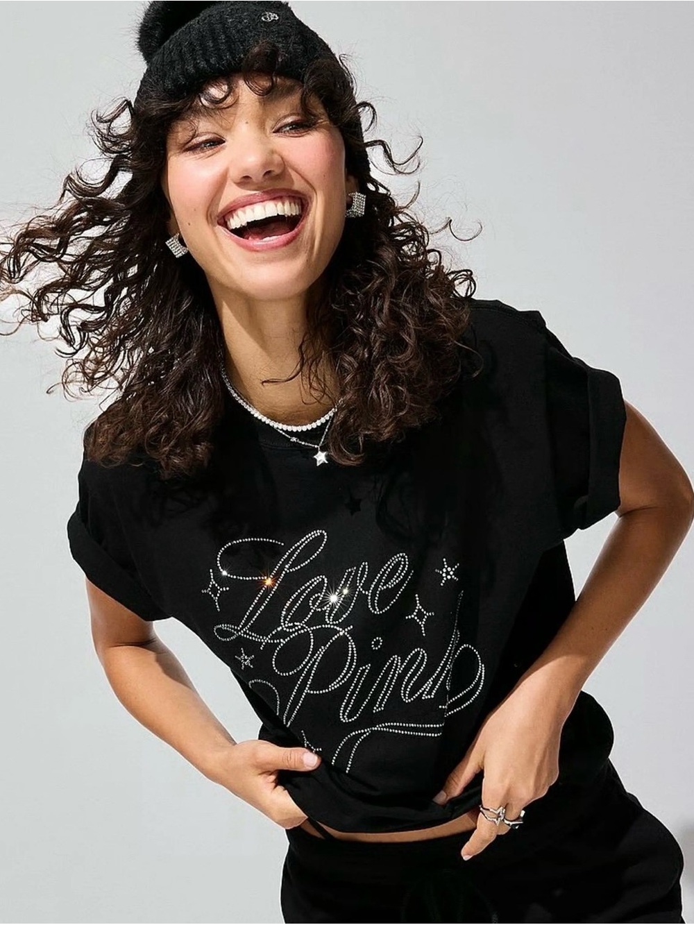 NWT Victoria’s Secret PINK Limited Edition 2025 Love Pink Rhinestone Tee Black - Picture 2 of 5